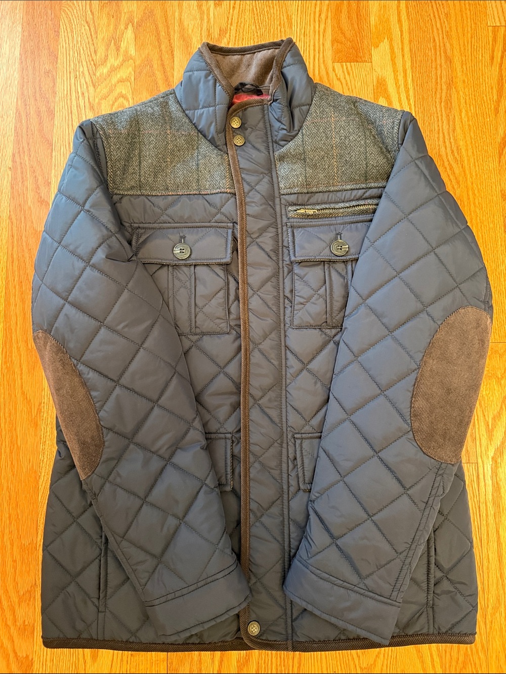 Vince Camuto Quilted Navy Field Jacket with Brown Elbow Patches and Trim